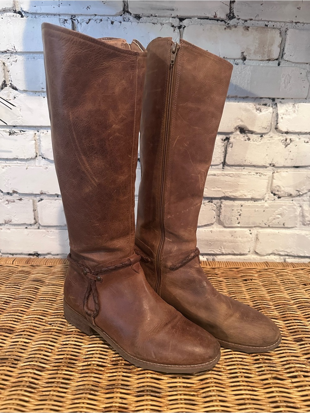 Matisse Cognac Brown Leather Knee-High Boots with Braided Ankle Detail Size 9